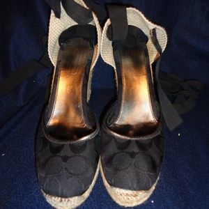 Coach Mindy Black Espadrilles Lace Up Wedge Heels Close Toe Sandals Size 9